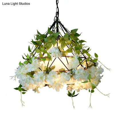 Iron Cage Hanging Pendant Light with Diamond Bulb and Decorative Plant