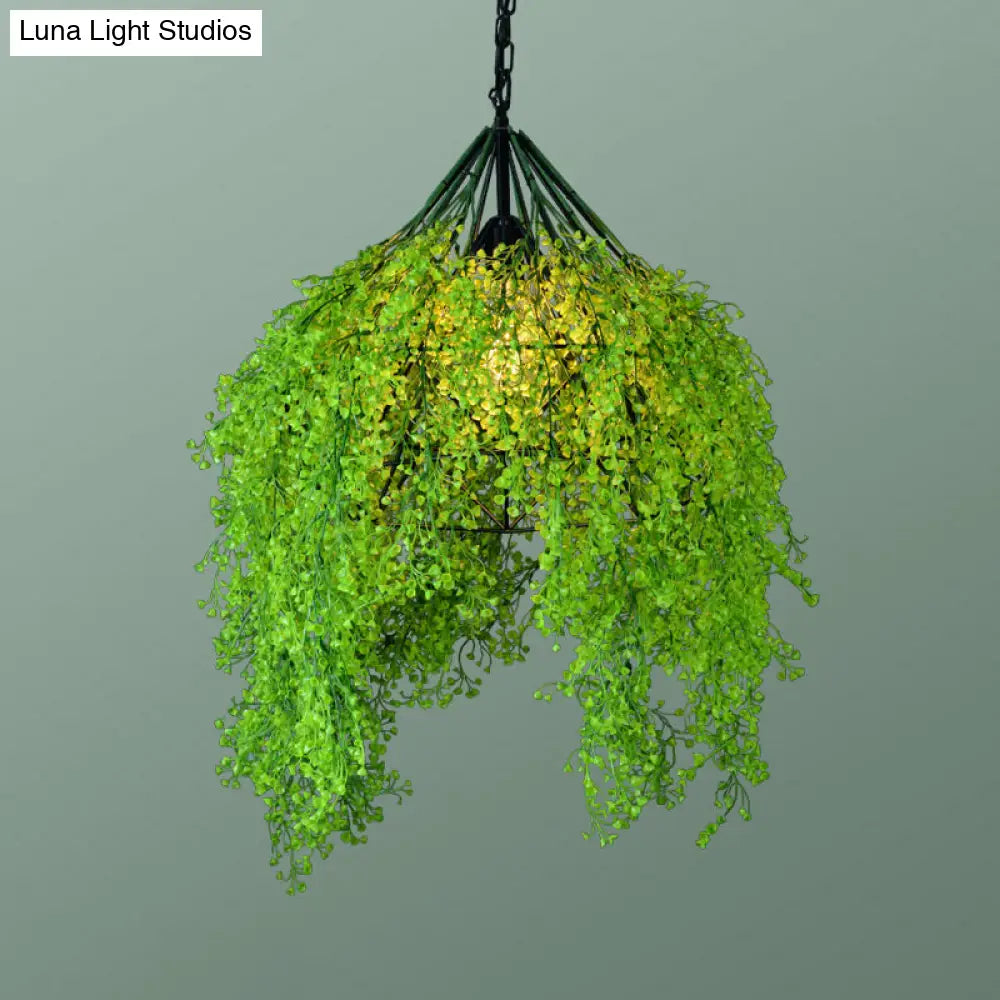 Iron Cage Hanging Pendant Light with Diamond Bulb and Decorative Plant