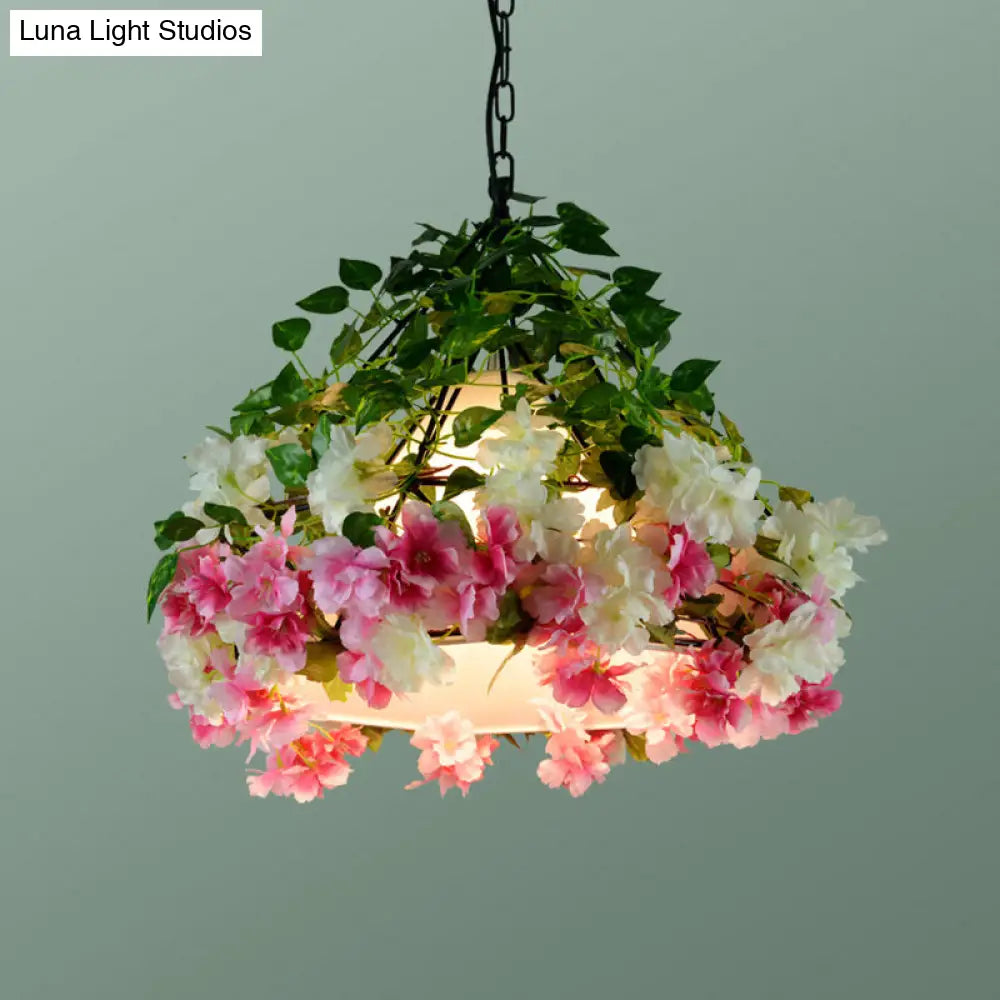 Iron Cage Hanging Pendant Light with Diamond Bulb and Decorative Plant