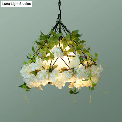 Iron Cage Hanging Pendant Light with Diamond Bulb and Decorative Plant