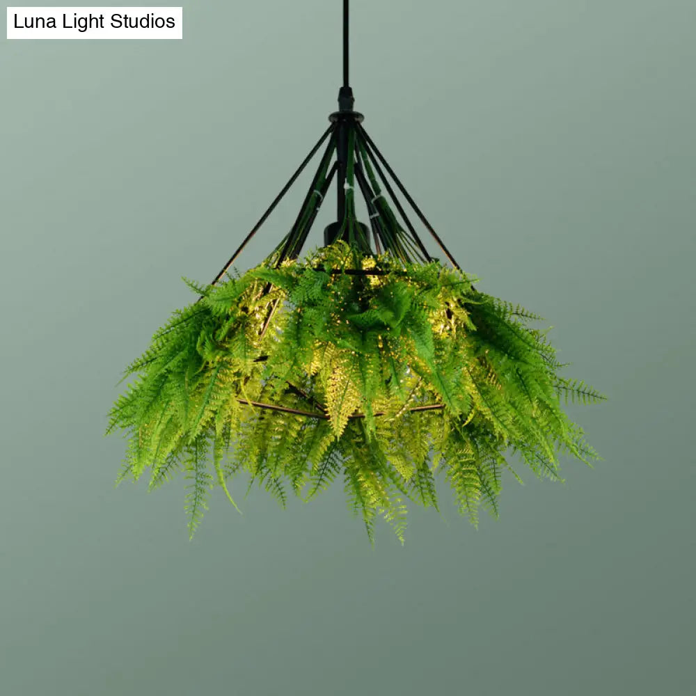 Iron Cage Hanging Pendant Light with Diamond Bulb and Decorative Plant