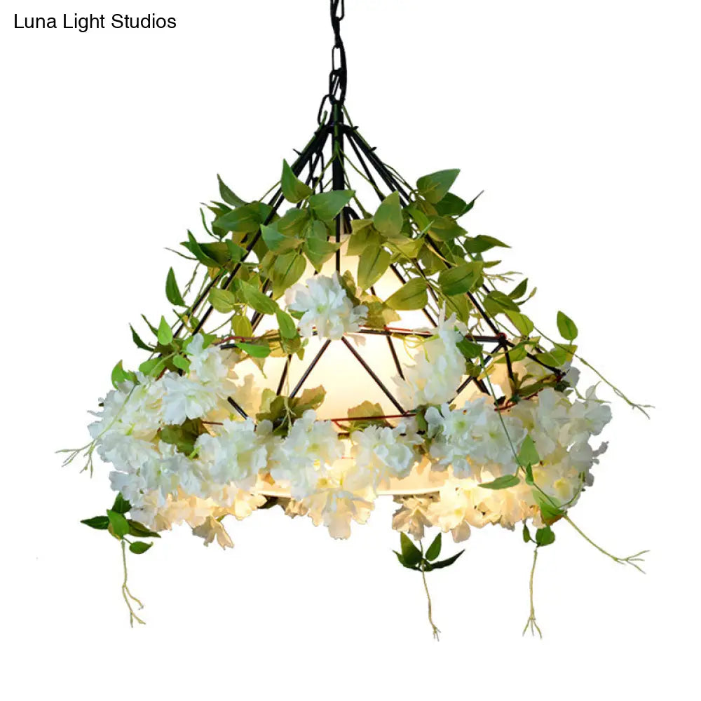 Iron Cage Hanging Pendant Light with Diamond Bulb and Decorative Plant