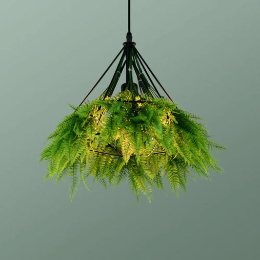 Iron Cage Hanging Pendant Light with Diamond Bulb and Decorative Plant