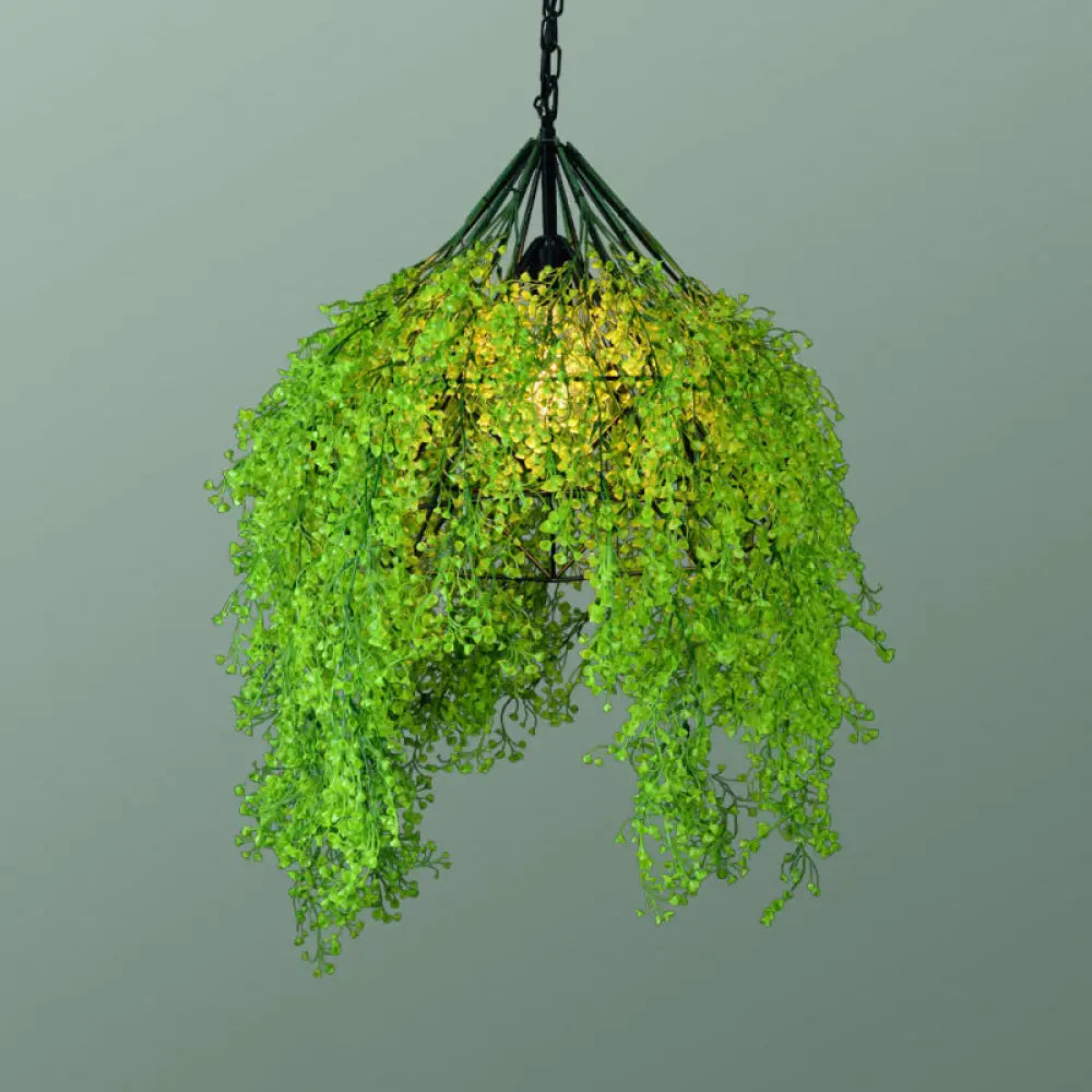 Iron Cage Hanging Pendant Light with Diamond Bulb and Decorative Plant