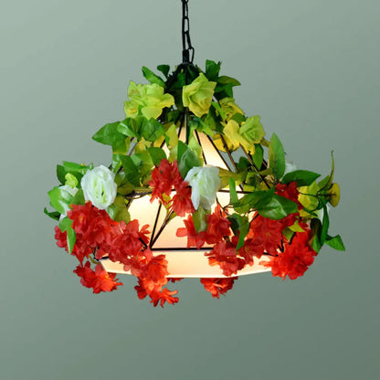 Iron Cage Hanging Pendant Light with Diamond Bulb and Decorative Plant