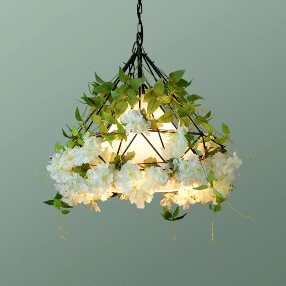 Iron Cage Hanging Pendant Light with Diamond Bulb and Decorative Plant