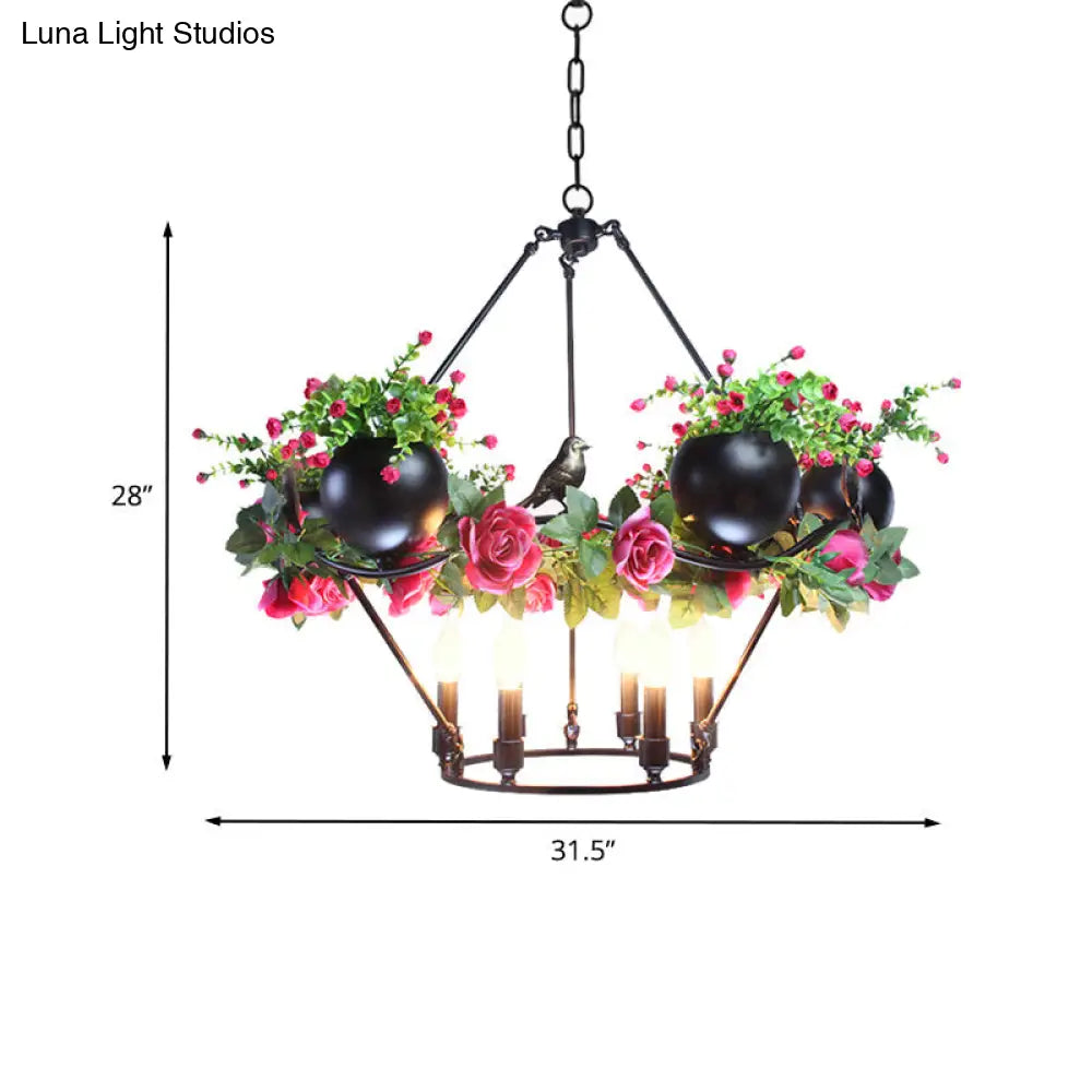 Iron Candle Chandelier with Industrial Style and Elegant Flower & Bird Decor - Perfect for Restaurants & Homes in Black"

Alternatively: "Industrial Iron Candle Chandelier with Elegant Flower & Bird Decor - Ideal for Restaurants & Homes (6/8 Bulbs, Black)