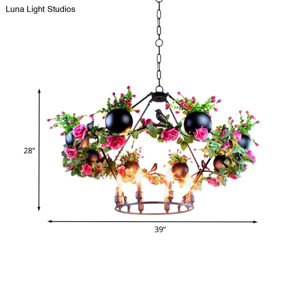 Iron Candle Chandelier with Industrial Style and Elegant Flower & Bird Decor - Perfect for Restaurants & Homes in Black"

Alternatively: "Industrial Iron Candle Chandelier with Elegant Flower & Bird Decor - Ideal for Restaurants & Homes (6/8 Bulbs, Black)