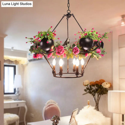 Iron Candle Chandelier with Industrial Style and Elegant Flower & Bird Decor - Perfect for Restaurants & Homes in Black"

Alternatively: "Industrial Iron Candle Chandelier with Elegant Flower & Bird Decor - Ideal for Restaurants & Homes (6/8 Bulbs, Black)