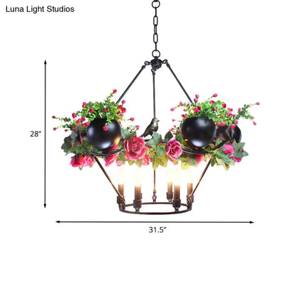 Iron Candle Chandelier with Industrial Style and Elegant Flower & Bird Decor - Perfect for Restaurants & Homes in Black"

Alternatively: "Industrial Iron Candle Chandelier with Elegant Flower & Bird Decor - Ideal for Restaurants & Homes (6/8 Bulbs, Black)