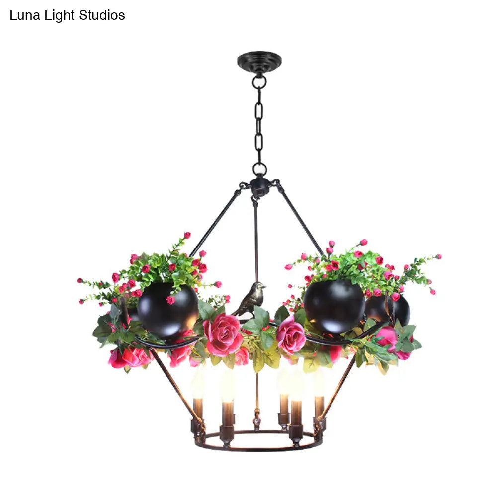 Iron Candle Chandelier with Industrial Style and Elegant Flower & Bird Decor - Perfect for Restaurants & Homes in Black"

Alternatively: "Industrial Iron Candle Chandelier with Elegant Flower & Bird Decor - Ideal for Restaurants & Homes (6/8 Bulbs, Black)