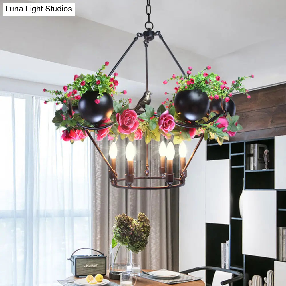 Iron Candle Chandelier with Industrial Style and Elegant Flower & Bird Decor - Perfect for Restaurants & Homes in Black"

Alternatively: "Industrial Iron Candle Chandelier with Elegant Flower & Bird Decor - Ideal for Restaurants & Homes (6/8 Bulbs, Black)