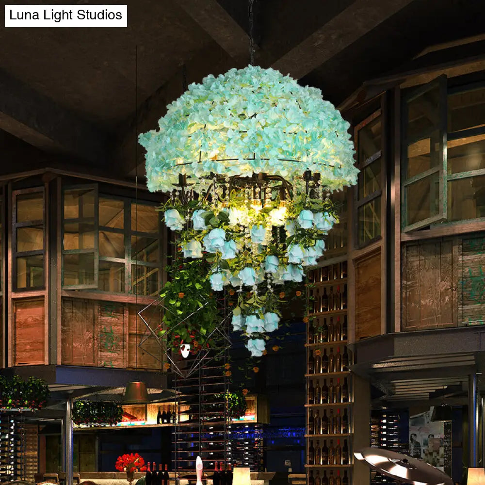 Iron Ceiling Chandelier - Industrial Blue Bowl Wire Cage, Crystal Decor, Floral Suspension Light - 10 Bulbs