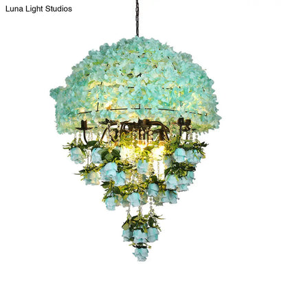 Iron Ceiling Chandelier - Industrial Blue Bowl Wire Cage, Crystal Decor, Floral Suspension Light - 10 Bulbs