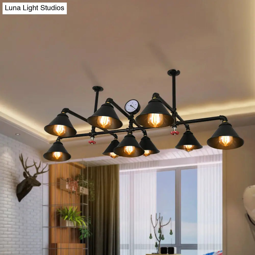 Iron Chandelier Pendant Light with Cone Shade - Industrial 9 Lights for Living Room - Black Finish