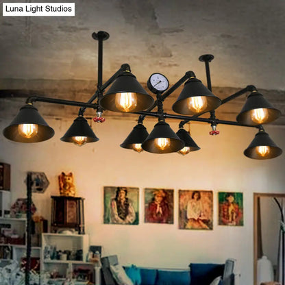 Iron Chandelier Pendant Light with Cone Shade - Industrial 9 Lights for Living Room - Black Finish