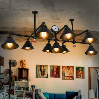 Iron Chandelier Pendant Light with Cone Shade - Industrial 9 Lights for Living Room - Black Finish