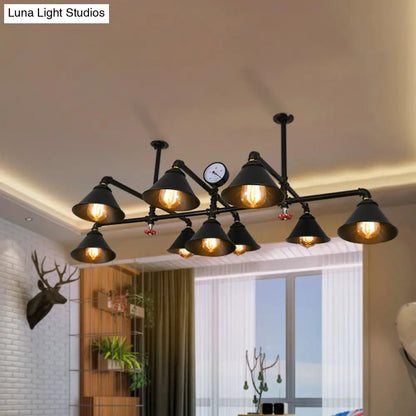 Iron Chandelier Pendant Light with Cone Shade - Industrial 9 Lights for Living Room - Black Finish
