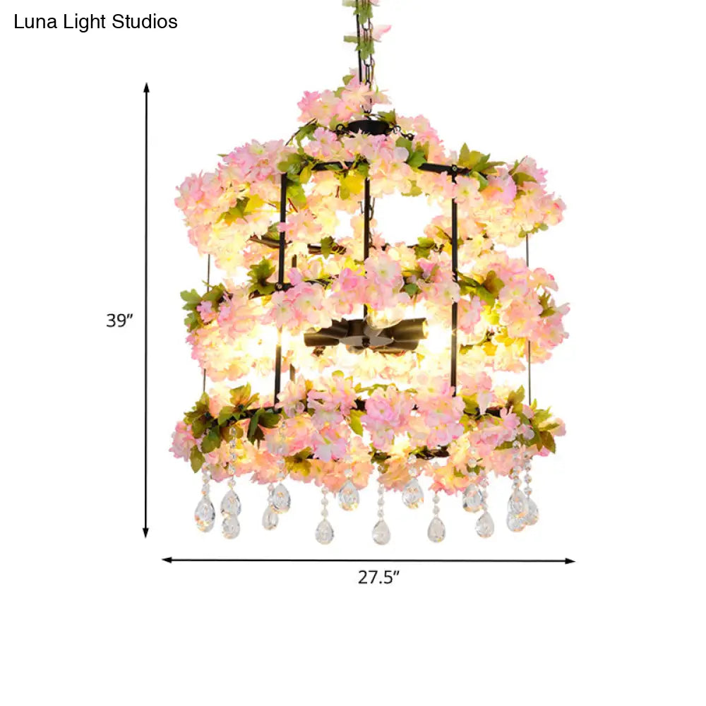 Iron Chandelier with Antique Black Finish, Cylindrical Cage Design, Crystal Drops, and 6 Bulbs - 27.5"/39" H