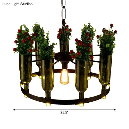 Iron Circular Chandelier Pendant Lamp in Black with Glass Pot and Plant - Restaurant Suspension Lighting