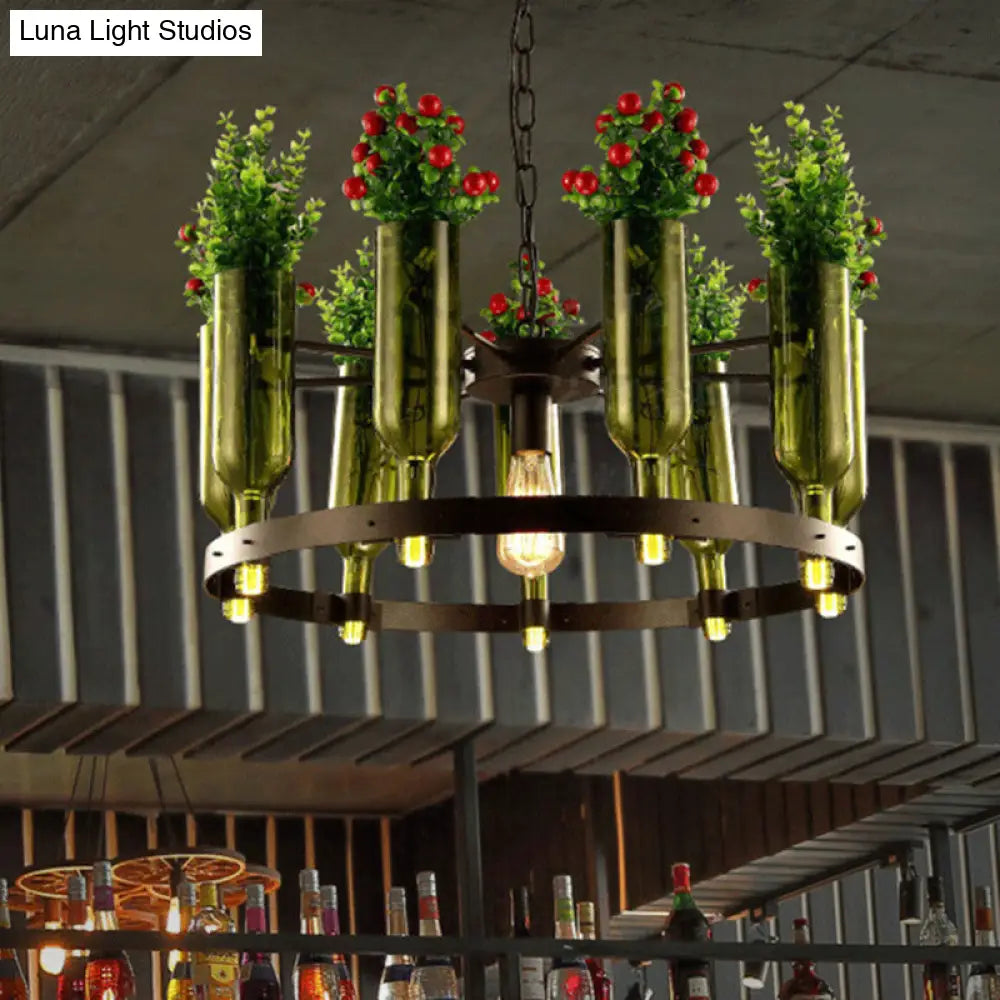Iron Circular Chandelier Pendant Lamp in Black with Glass Pot and Plant - Restaurant Suspension Lighting