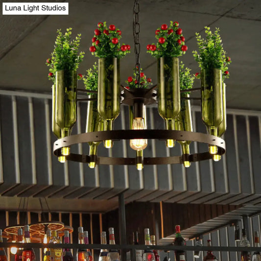 Iron Circular Chandelier Pendant Lamp in Black with Glass Pot and Plant - Restaurant Suspension Lighting