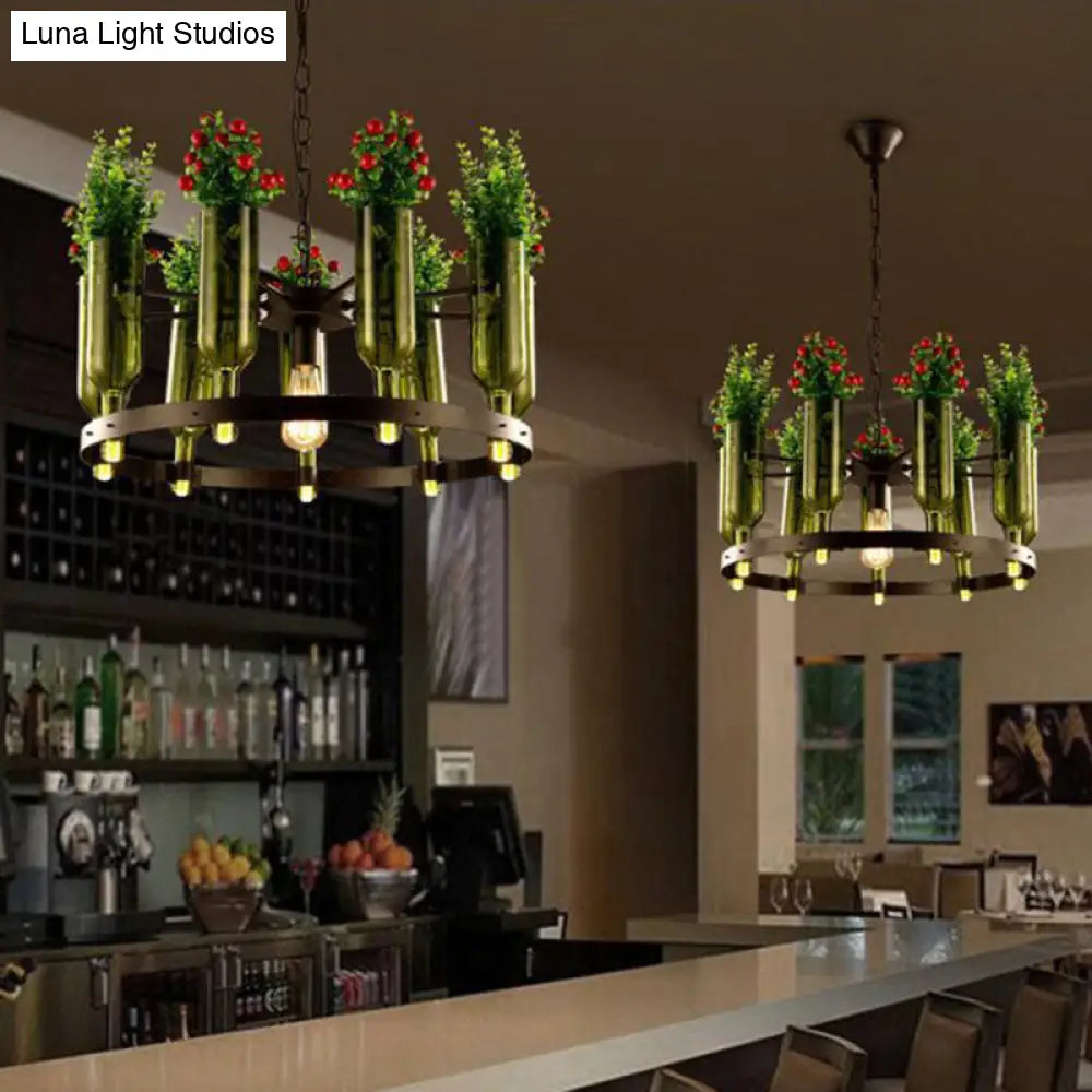 Iron Circular Chandelier Pendant Lamp in Black with Glass Pot and Plant - Restaurant Suspension Lighting