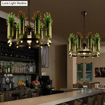 Iron Circular Chandelier Pendant Lamp in Black with Glass Pot and Plant - Restaurant Suspension Lighting
