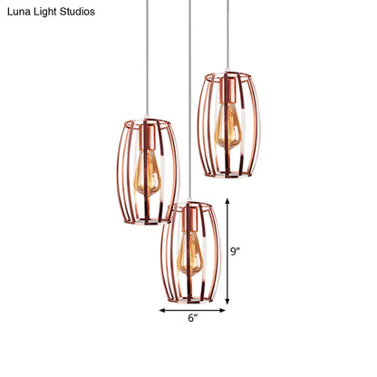 Iron Copper Hanging Lamp with Oval Cage Shade - Industrial Ceiling Fixture, 3 Bulbs - Stylish Lighting for Bedroom