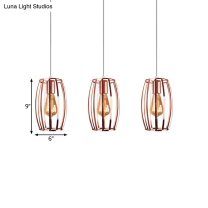 Iron Copper Hanging Lamp with Oval Cage Shade - Industrial Ceiling Fixture, 3 Bulbs - Stylish Lighting for Bedroom