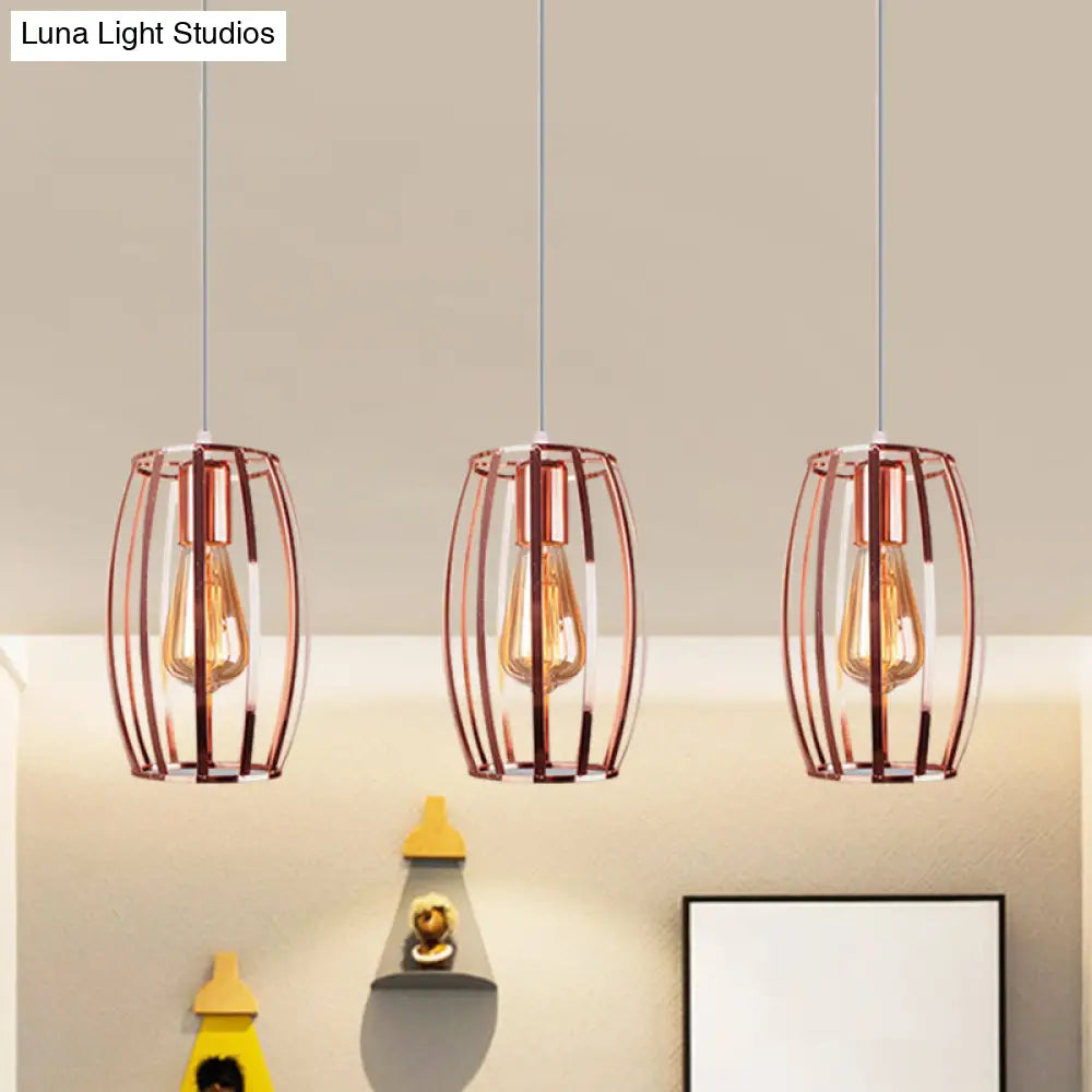 Iron Copper Hanging Lamp with Oval Cage Shade - Industrial Ceiling Fixture, 3 Bulbs - Stylish Lighting for Bedroom