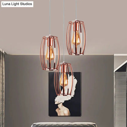 Iron Copper Hanging Lamp with Oval Cage Shade - Industrial Ceiling Fixture, 3 Bulbs - Stylish Lighting for Bedroom