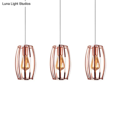 Iron Copper Hanging Lamp with Oval Cage Shade - Industrial Ceiling Fixture, 3 Bulbs - Stylish Lighting for Bedroom