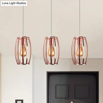 Iron Copper Hanging Lamp with Oval Cage Shade - Industrial Ceiling Fixture, 3 Bulbs - Stylish Lighting for Bedroom