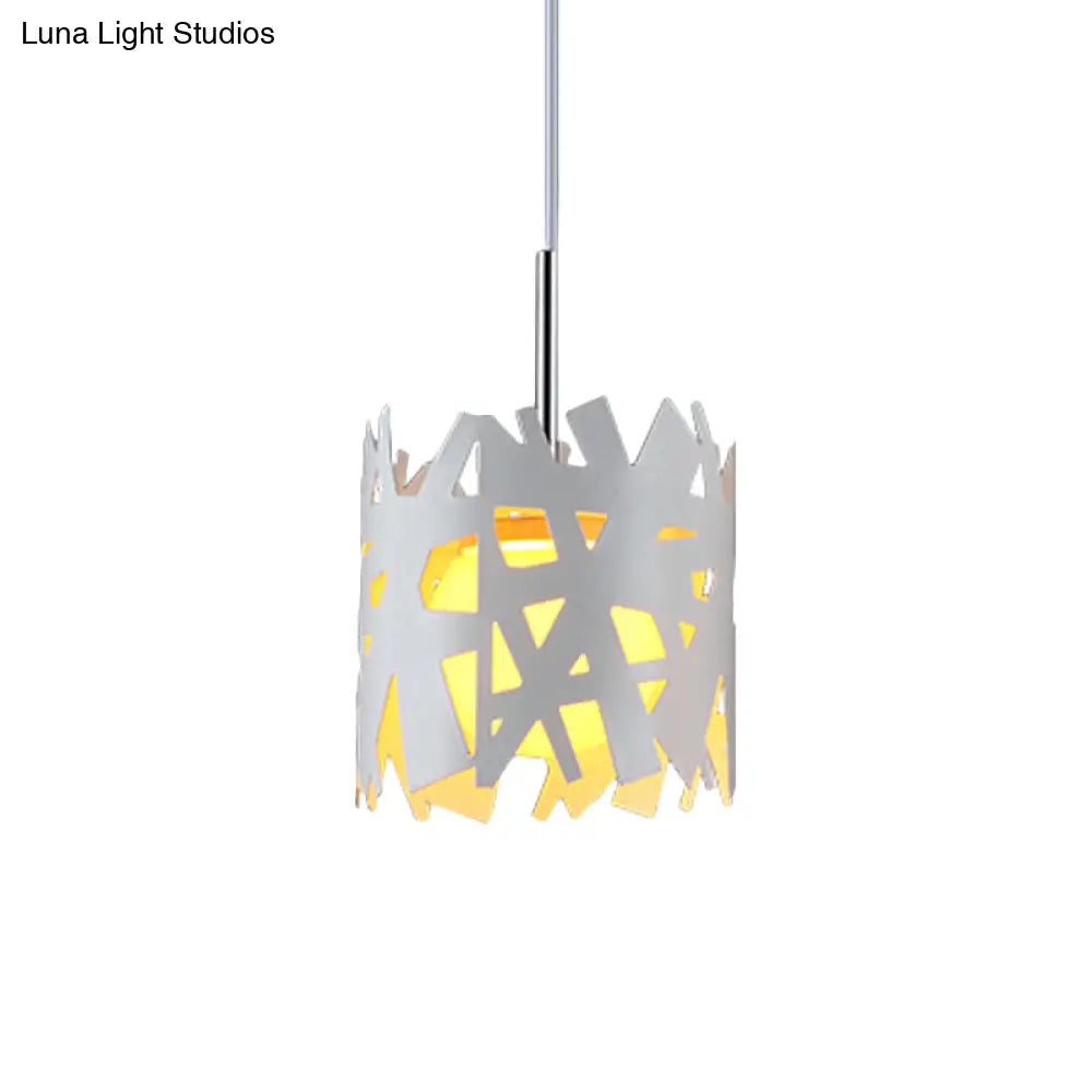 Iron Cylinder Cage Pendant Light - Modern, 1 Bulb, White Finish, Ceiling Suspension Lamp