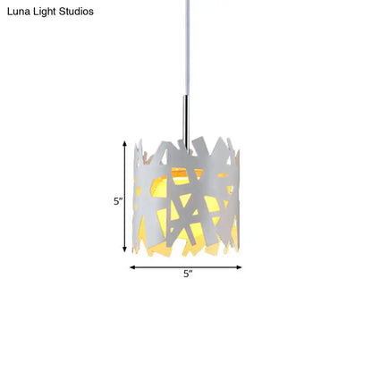 Iron Cylinder Cage Pendant Light - Modern, 1 Bulb, White Finish, Ceiling Suspension Lamp