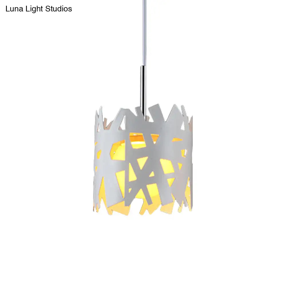 Iron Cylinder Cage Pendant Light - Modern, 1 Bulb, White Finish, Ceiling Suspension Lamp