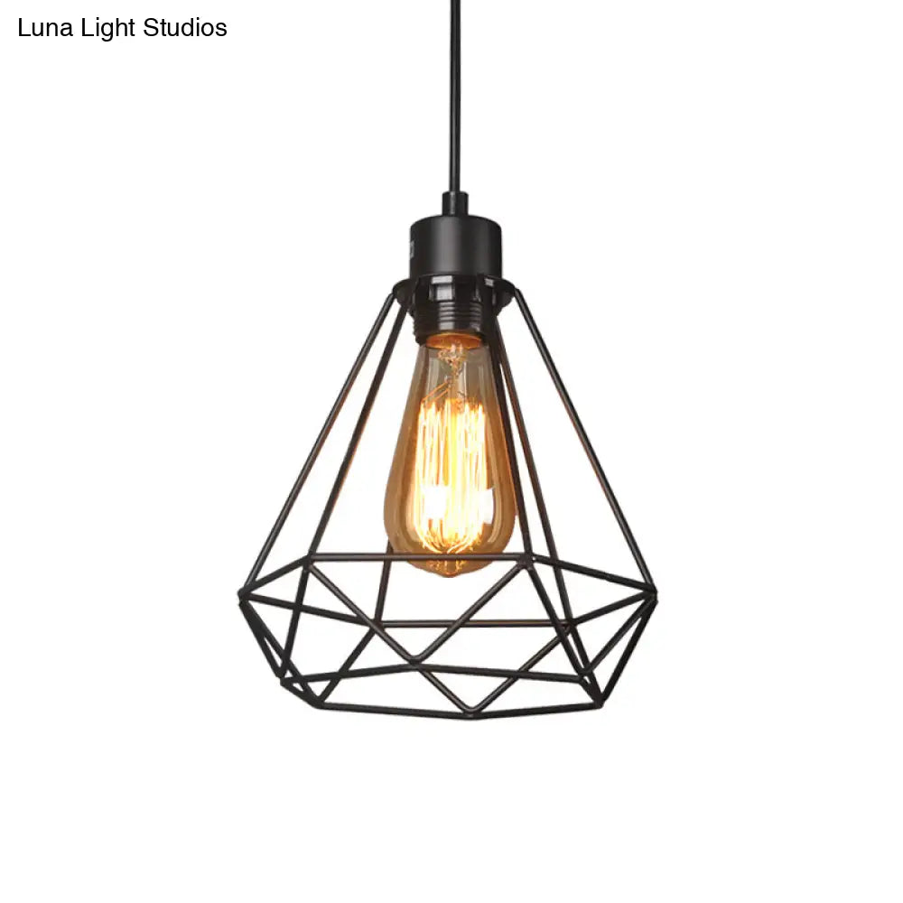 Iron Diamond Hanging Light: Industrial Style Pendant with Bedside Pendulum, Black Finish