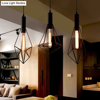 Iron Diamond-Shaped Pendant Light Antique 1-Light Dining Room Hanging Fixture