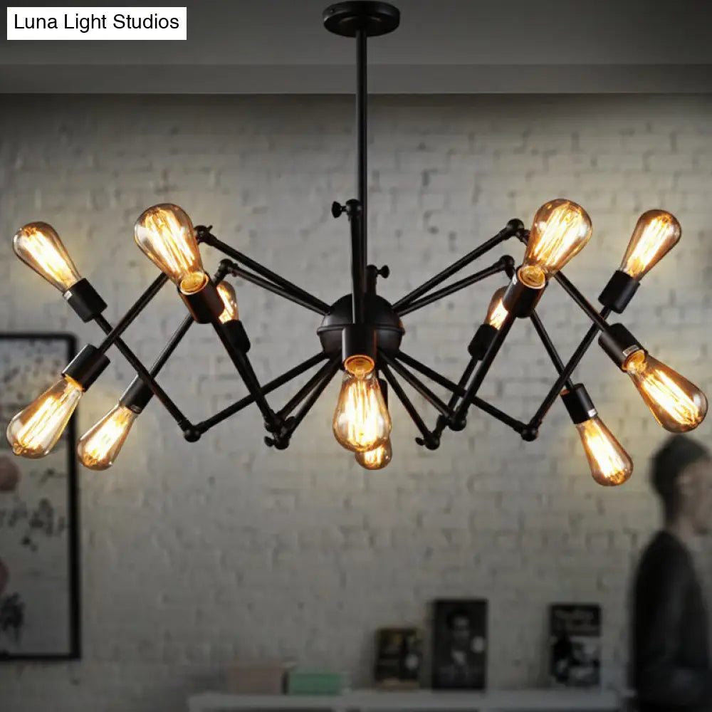 Iron Exposed Bulb Chandelier - Loft Style Restaurant Hanging Lamp with Swing Arm in Black