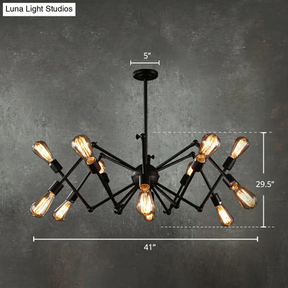 Iron Exposed Bulb Chandelier - Loft Style Restaurant Hanging Lamp with Swing Arm in Black