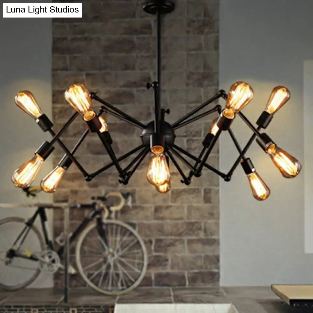 Iron Exposed Bulb Chandelier - Loft Style Restaurant Hanging Lamp with Swing Arm in Black