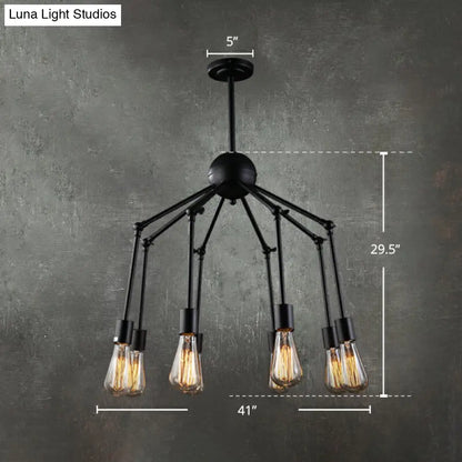 Iron Exposed Bulb Chandelier - Loft Style Restaurant Hanging Lamp with Swing Arm in Black