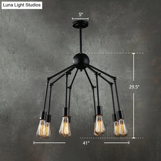 Iron Exposed Bulb Chandelier - Loft Style Restaurant Hanging Lamp with Swing Arm in Black