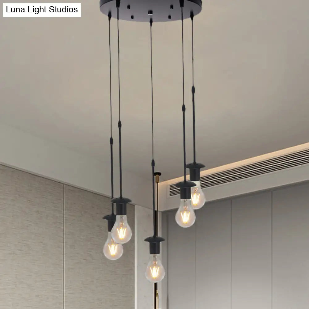 Iron Exposed Bulb Drapes Ceiling Light Loft Pendant Lighting - Black, 5/10 Heads Bistro Multi Light, Round/Linear Canopy