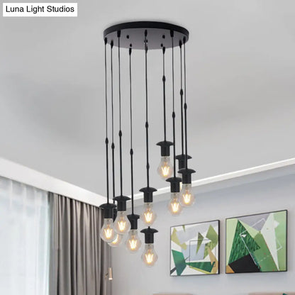 Iron Exposed Bulb Drapes Ceiling Light Loft Pendant Lighting - Black, 5/10 Heads Bistro Multi Light, Round/Linear Canopy