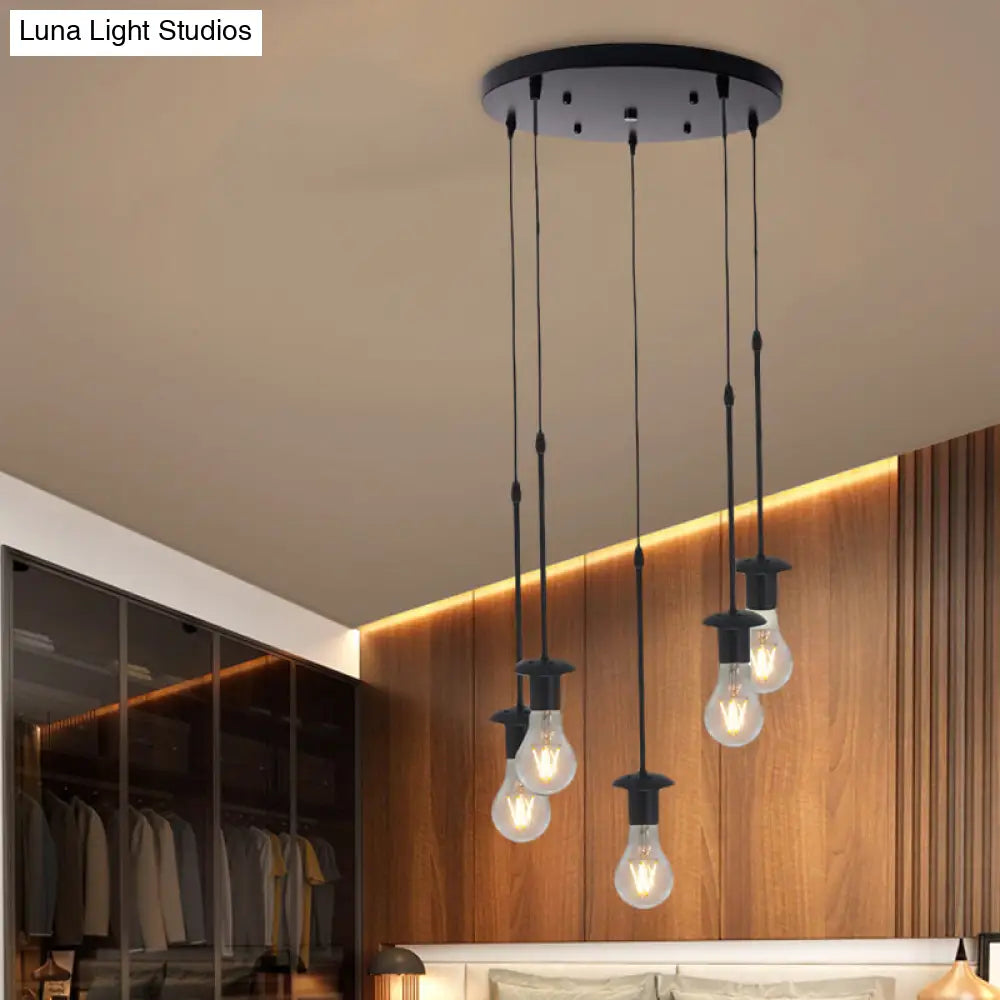 Iron Exposed Bulb Drapes Ceiling Light Loft Pendant Lighting - Black, 5/10 Heads Bistro Multi Light, Round/Linear Canopy