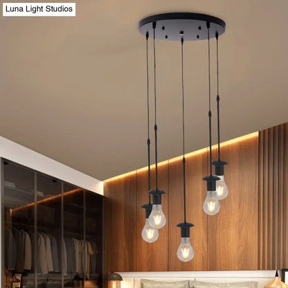 Iron Exposed Bulb Drapes Ceiling Light Loft Pendant Lighting - Black, 5/10 Heads Bistro Multi Light, Round/Linear Canopy