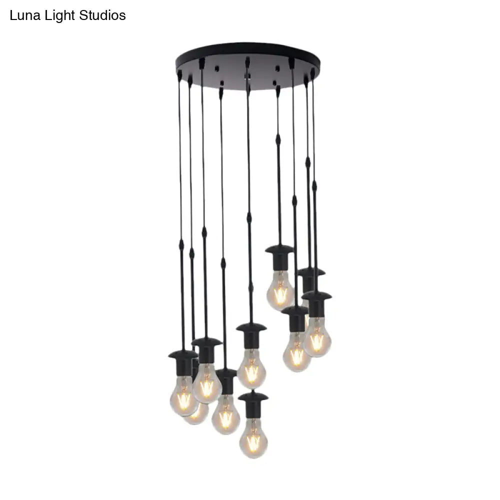 Iron Exposed Bulb Drapes Ceiling Light Loft Pendant Lighting - Black, 5/10 Heads Bistro Multi Light, Round/Linear Canopy