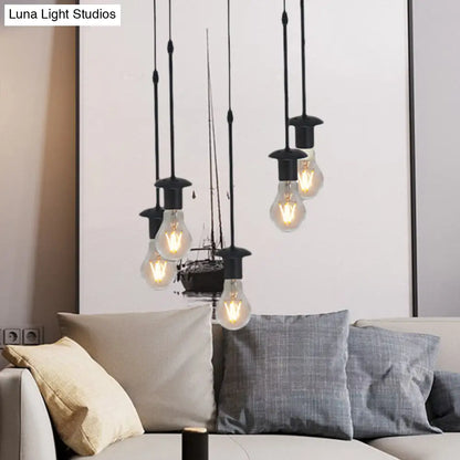 Iron Exposed Bulb Drapes Ceiling Light Loft Pendant Lighting - Black, 5/10 Heads Bistro Multi Light, Round/Linear Canopy